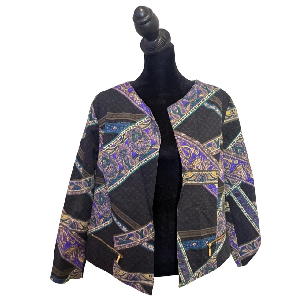 Chico's Open Front Blazer Jacket Purple Paisley Eclectic Gold Zipper Size L
